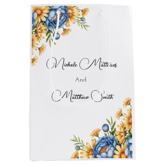 Blauwe pioenen geel daisy bruiloft medium cadeauzakje (Voorkant)