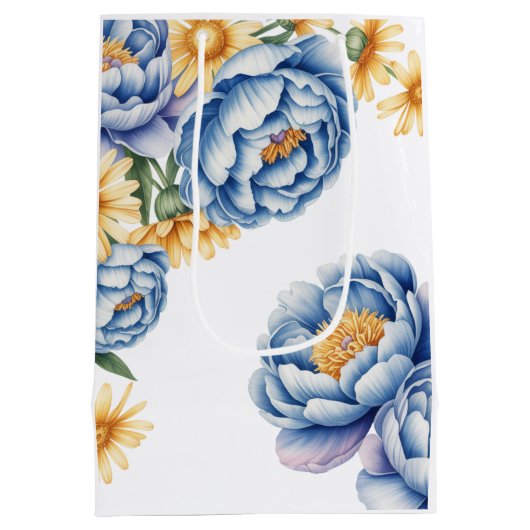 Blauwe pioenen geel daisy bruiloft medium cadeauzakje (Achterkant)