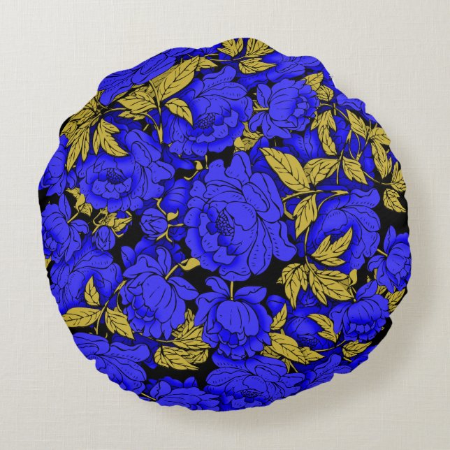Blauwe Pioenrozen met Gouden Bladeren Rond Kussen (Achterkant)