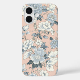 Blauwe Pioenrozen Perzik Botanische Vintage Bloeme iPhone 16 Hoesje