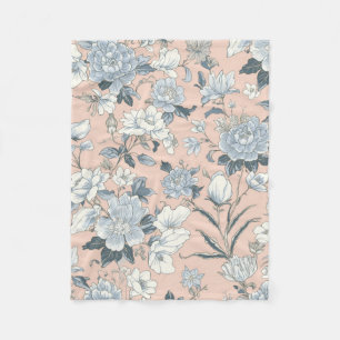 Blauwe Pioenrozen Perzik Botanische Vintage Bloeme Fleece Deken