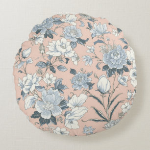 Blauwe Pioenrozen Perzik Botanische Vintage Bloeme Rond Kussen