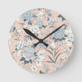 Blauwe Pioenrozen Perzik Botanische Vintage Bloeme Ronde Klok