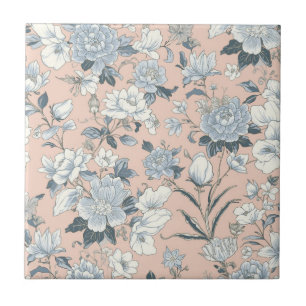Blauwe Pioenrozen Perzik Botanische Vintage Bloeme Tegeltje
