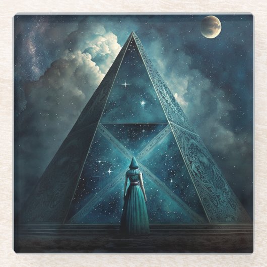 Blauwe piramide Surreal Visionary Art Glazen Onderzetter (Voorkant)