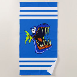 Blauwe Piranha Vis op Blauw en Witte Strepen Strandlaken
