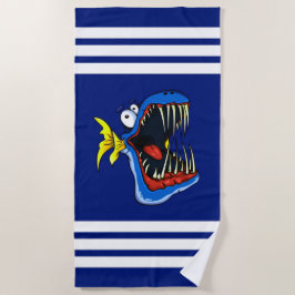 Blauwe Piranha Vis op marineblauwe en witte strepe Strandlaken