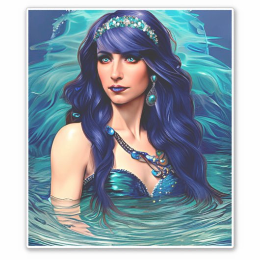 Blauwe Pisces Mermaid Queen Original Fantasy art Sticker (Voorkant)