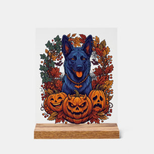 Blauwe Pitbull Halloween Pompoenen Herfstbladeren Acryl Bord