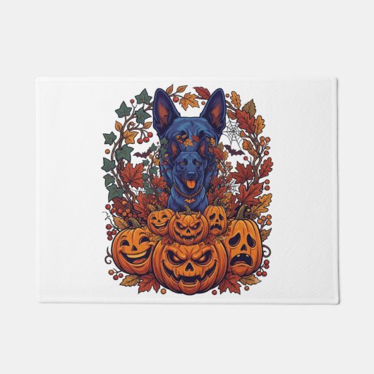 Blauwe Pitbull Halloween Pompoenen Herfstbladeren Deurmat (Voorkant)