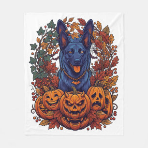 Blauwe Pitbull Halloween Pompoenen Herfstbladeren  Fleece Deken