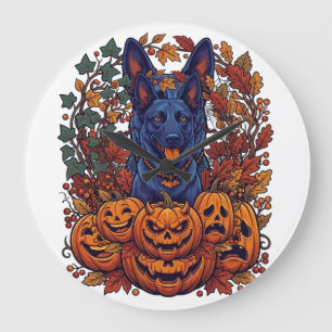 Blauwe Pitbull Halloween Pompoenen Herfstbladeren  Grote Klok