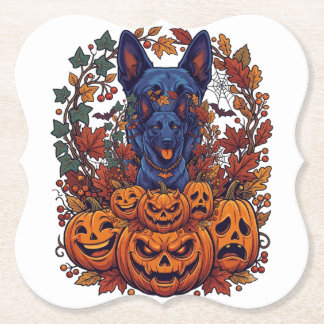 Blauwe Pitbull Halloween Pompoenen Herfstbladeren  Kartonnen Onderzetters