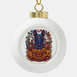 Blauwe Pitbull Halloween Pompoenen Herfstbladeren  Keramische Bal Ornament