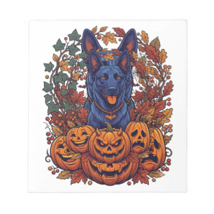 Blauwe Pitbull Halloween Pompoenen Herfstbladeren Notitieblok