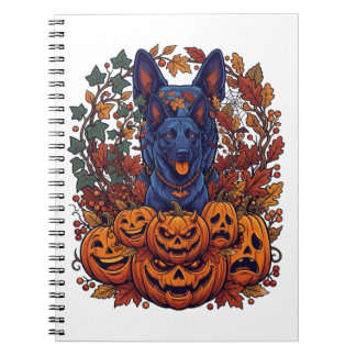 Blauwe Pitbull Halloween Pompoenen Herfstbladeren  Notitieboek