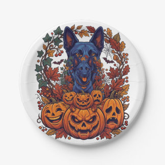 Blauwe Pitbull Halloween Pompoenen Herfstbladeren  Papieren Bordje