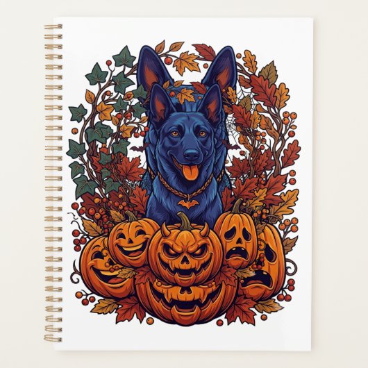 Blauwe Pitbull Halloween Pompoenen Herfstbladeren  Planner (Voorkant)
