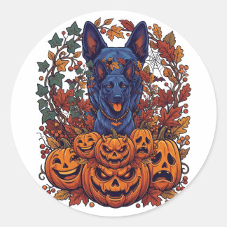Blauwe Pitbull Halloween Pompoenen Herfstbladeren  Ronde Sticker