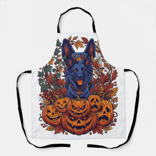 Blauwe Pitbull Halloween Pompoenen Herfstbladeren Schort