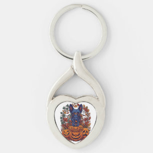 Blauwe Pitbull Halloween Pompoenen Herfstbladeren Sleutelhanger