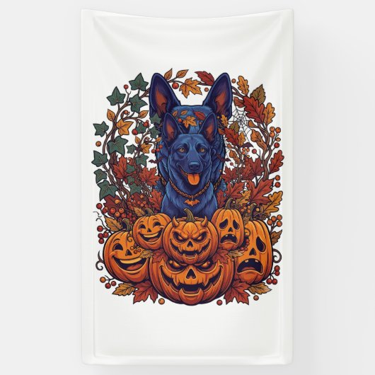 Blauwe Pitbull Halloween Pompoenen Herfstbladeren Spandoek (Verticaal)