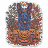 Blauwe Pitbull Halloween Pompoenen Herfstbladeren Sticker (Voorkant)