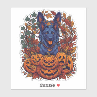 Blauwe Pitbull Halloween Pompoenen Herfstbladeren  Sticker