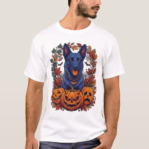 Blauwe Pitbull Halloween Pompoenen Herfstbladeren T-shirt