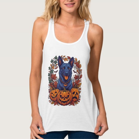 Blauwe Pitbull Halloween Pompoenen Herfstbladeren Tanktop (Voorkant)