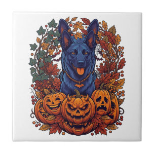 Blauwe Pitbull Halloween Pompoenen Herfstbladeren Tegeltje