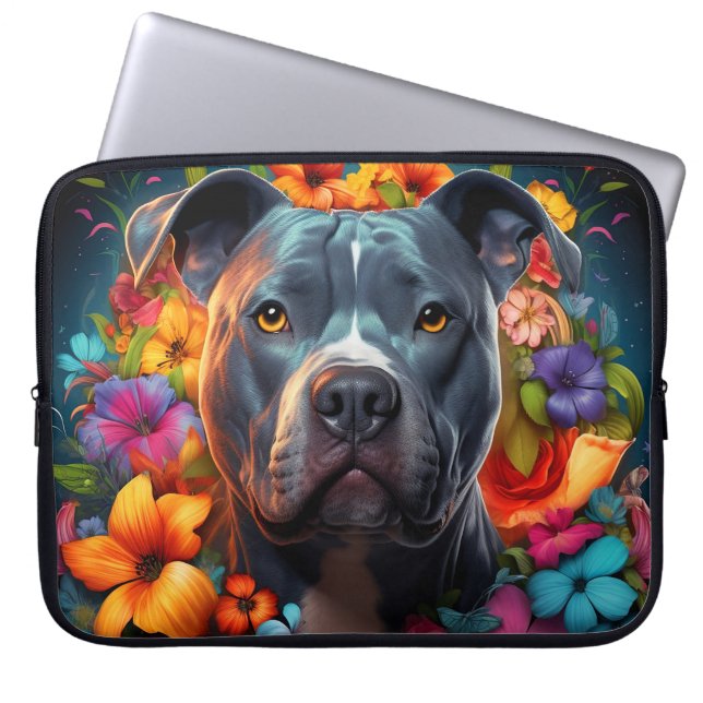 Blauwe Pitbull hond met bloemen Laptop Bag Laptop Sleeve (Voorkant)