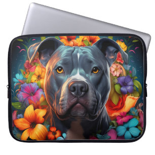 Blauwe Pitbull hond met bloemen Laptop Bag Sleeve