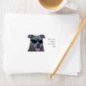 Blauwe pitbull met bril etiket (Insitu)