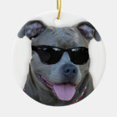 Blauwe pitbull met bril keramisch ornament (Voorkant)