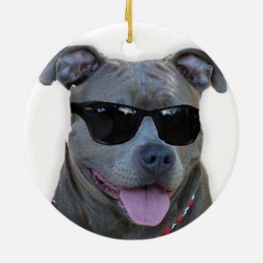 Blauwe pitbull met bril keramisch ornament (Achterkant)
