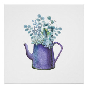 Blauwe pitcher met bloemen Waterverf Poster afdruk