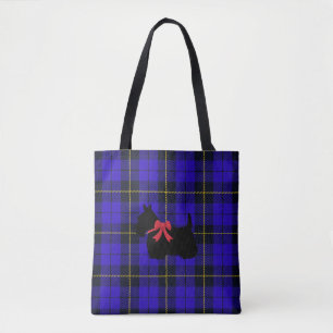 Blauwe plaid met Schots Terrier met rode boog Tote Bag