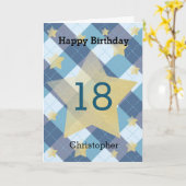 Blauwe Plaid Zilveren Sterren 18e Verjaardag Kaart (Gele Bloem)