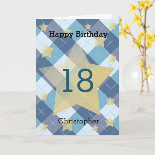 Blauwe Plaid Zilveren Sterren 18e Verjaardag Kaart (Gele Bloem)