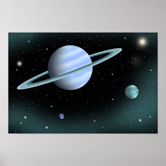 Blauwe planeet gekroond met ring. poster (Voorkant)