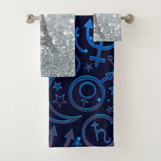 Blauwe planetaire symbolen Mystical Universe Plane Bad Handdoek (Insitu)