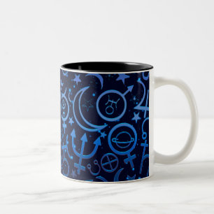 Blauwe Planetaire Symbolen Mystiek Universum Plane Tweekleurige Koffiemok