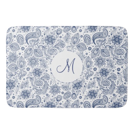 Blauwe platenpatroonmonogram Bath Mat (Voorkant)