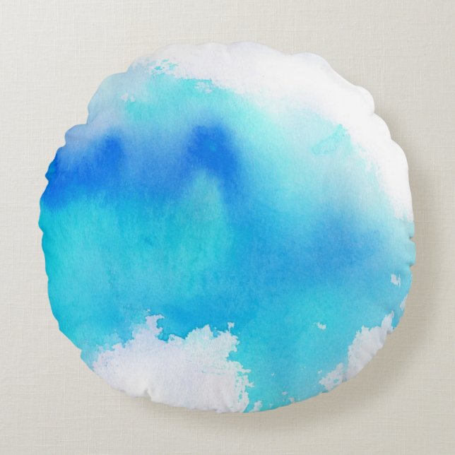 Blauwe plek, waterverf abstracte hand geschilderd rond kussen (Voorkant)