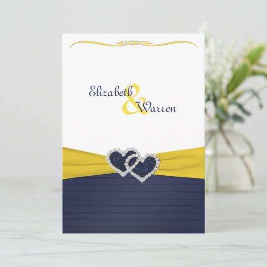 Blauwe plooien en diamanten harten bruiloft uitnod kaart (Staand voorkant)