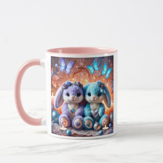 Blauwe pluggins en violets met kernen. mok (Links)