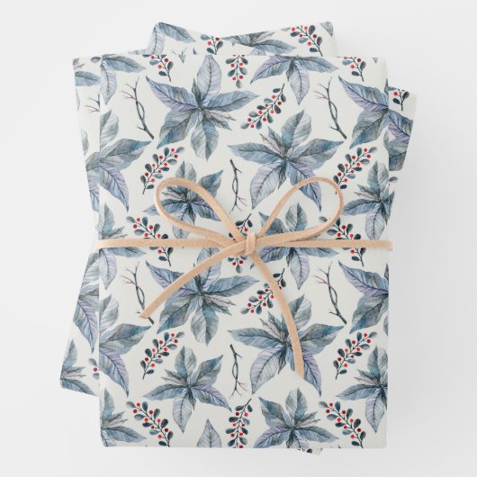  Blauwe Poinsettia Kerst Inpakpapier Vel (In situ)