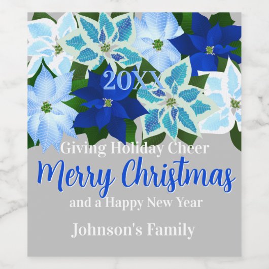 Blauwe Poinsettias Vrolijk Kerstfeest Wijn Etiket (Enkel label)