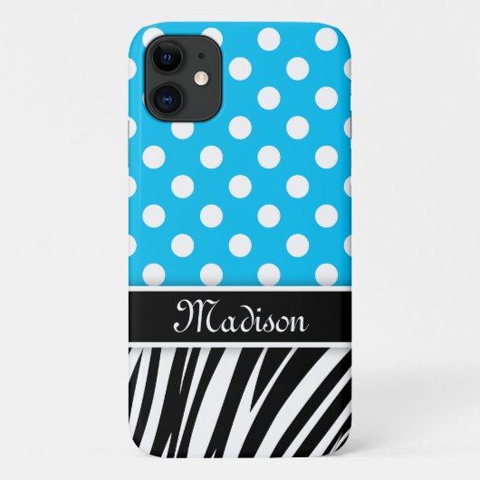 Blauwe poka Dots Zebra Stripes Black Name Case-Mate iPhone Case (Achterkant)
